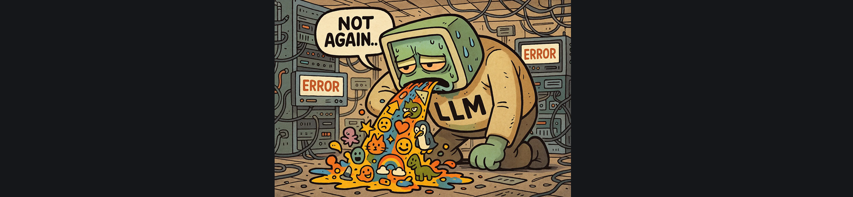 shitty AI slop image depicting an LLM vomiting AI slop, used ironically